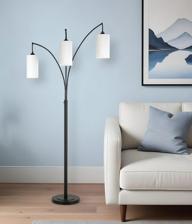 Black Three Light Torchiere Floor Lamp With White Frosted Glass